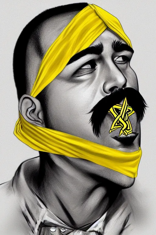 Image similar to gang saints wear yellow bandanas, and some of them have thick mustaches, their eyes are sharp, pop art style, dynamic comparison, proportional, professional art, bioshock style, gta chinatowon style, hyper realistic, face and body clarity, complicated, art by argerm dan richard hamilton