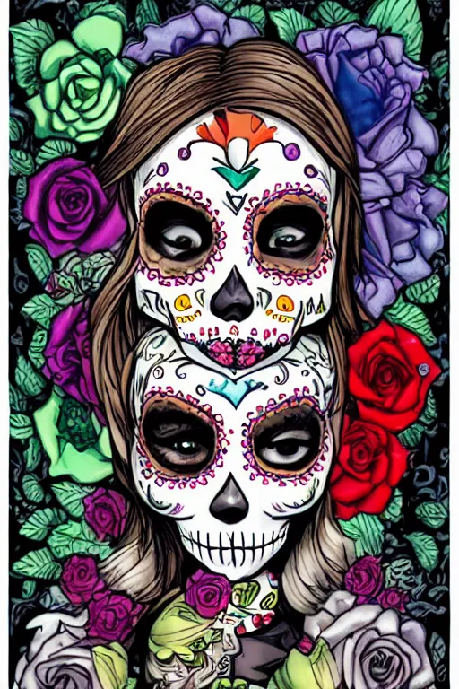 Prompt: illustration of a sugar skull day of the dead girl, art by todd nauck