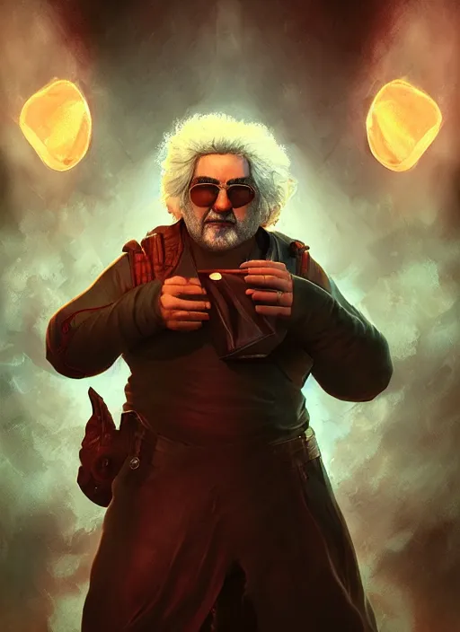 Image similar to An epic fantasy comic book style portrait painting of Jerry Garcia, fisheye lens, unreal 5, DAZ, hyperrealistic, octane render, cosplay, RPG portrait, dynamic lighting