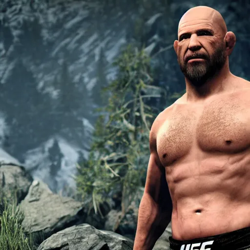 Image similar to character screenshot of ufc president dana white, npc, skyrim, wilderness, 1 0 8 0 p, bokeh, elder scrolls v, detailed, dialog text