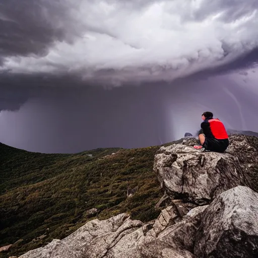 Image similar to man sitting on peak top mountain looking at huge vast sky storm tornado