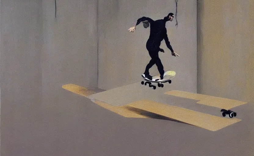 Prompt: an empty room in the style of constructivism, blurred man rides a skateboard, grotesque, doomed, neural acrylic paint, high resolution, gouache on canvas, ultra detailed, vibrant colors, grotesque, wrapped thermal background, art by francis bacon, beksinski painting