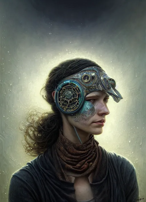 Image similar to closeup portrait shot of a glitched woman wearing a bandana in a scenic dystopian environment, intricate, elegant, highly detailed, centered, digital painting, artstation, concept art, smooth, sharp focus, illustration, artgerm, tomasz alen kopera, peter mohrbacher, donato giancola, joseph christian leyendecker, wlop, boris vallejo