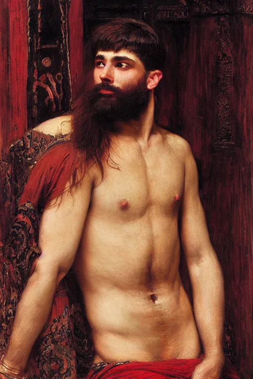 Prompt: attractive male, orientalist intricate portrait by john william waterhouse and edwin longsden long and theodore ralli and nasreddine dinet, hyper realism, dramatic lighting