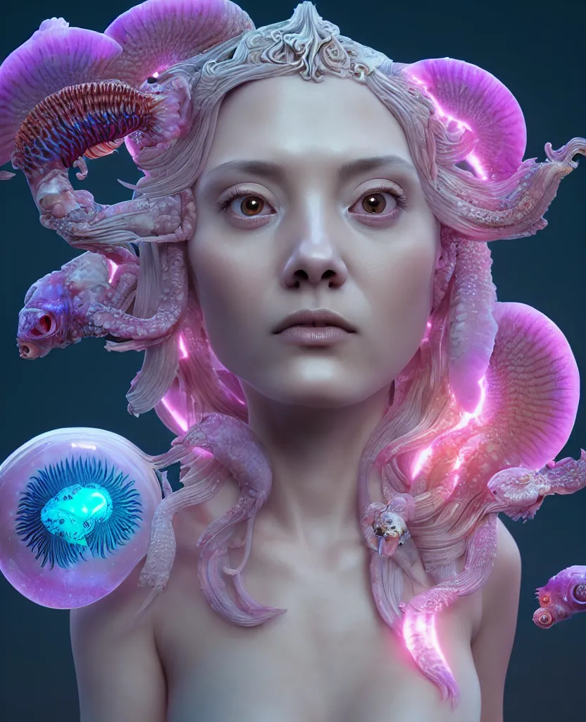 Image similar to goddess princess beautiful face close-up portrait ram skull zbrush sculpt. jellyfish phoenix head, nautilus, orchid, skull, betta fish, bioluminiscent creatures, intricate artwork by Tooth Wu and wlop and beeple. octane render, trending on artstation, greg rutkowski very coherent symmetrical artwork. cinematic, hyper realism, high detail, octane render, 8k