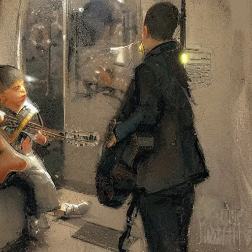 Image similar to inside the paris subway a child is putting his finger in the nose, a musician is playing. by greg rutkowski