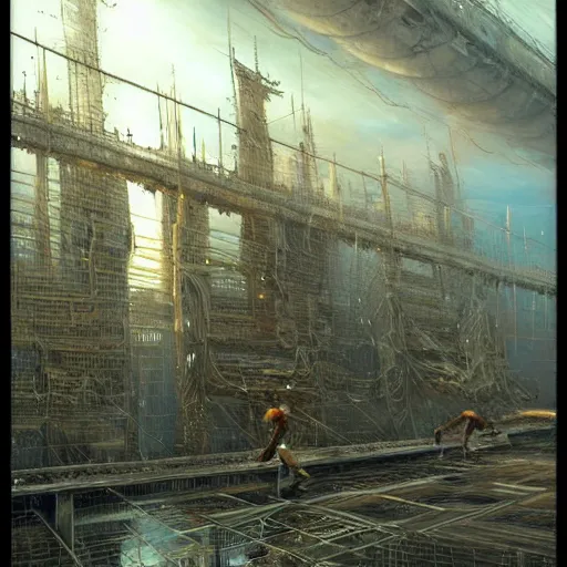 Image similar to cyberpunk harpooner, atmospheric lighting, painted, intricate, golden and grey hour, ultra detailed by peter gric, giger, enki bilal