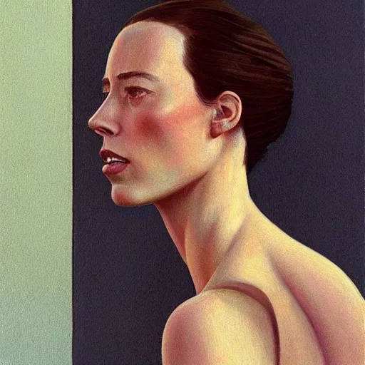 Image similar to rebecca hall portrait by edward hopper and james gilleard, zdzislaw beksinski, highly detailed