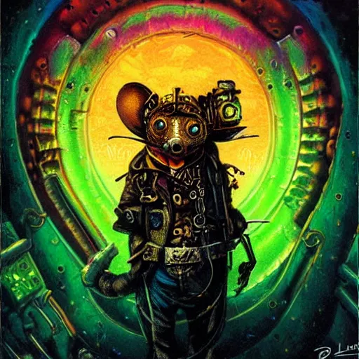 Image similar to steampunk rat, acid, 303, psychedelic, by paul lehr