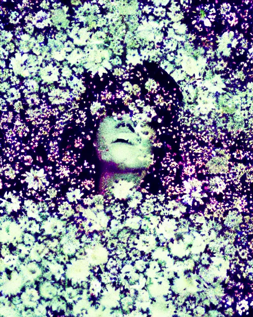 Prompt: oversaturated, burned, light leak, expired film, photo of a woman's serene face submerged in a flowery milkbath, rippling liquid, vintage glow, sun rays, black and white, glitched pattern