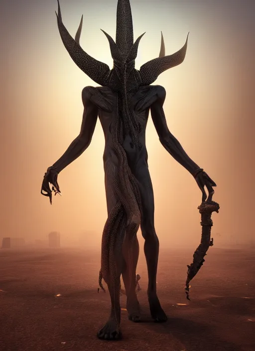 Image similar to nyarlothotep the black pharoh. tall, striking figure. standing in a desert of skulls. digital matte painting. rim light, beautiful lighting, 8 k, stunning scene, raytracing, octane, trending on artstation, lush colors.