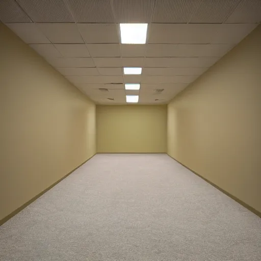 Prompt: a wide - shot photo of dry walls positioned randomly in between cross - sections of rooms. the walls are plastered in only mono - yellow, rectangular florescent lights randomly arranged on a drop - down ceiling, and a old, tan - brown carpet across the floor snaking in between the cross - section walls. taken on a 1 9 9 1 polaroid camera