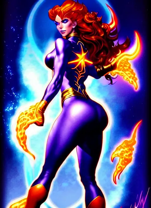 Image similar to front portrait hands behinds pose of attractive Starfire with ginger wavy hair using white gloves, hands behind her pose!, Intricate overlay flames imagery , D&D!, fantasy style, sharp focus!, ultra detailed, art by Artgerm and Peter Andrew Jones, WLUP