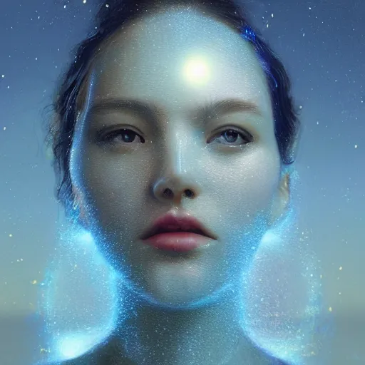 Prompt: sci - fi, close - up, 3 d, moon rays, sleepy fashion model face, cinematic, clouds, sun rays, vogue cover style, poster art, blue mood, realistic painting, intricate oil painting, high detail illustration, figurative art, multiple exposure, water, 3 d, by tooth wu and wlop and beeple and greg rutkowski