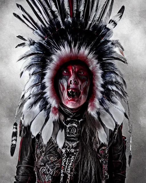 Image similar to wolf mutant ghost - spirit of the grim - warpaint wears the scarlet skull armor and native blood headdress feathers, midnight fog - mist!, dark oil painting colors, realism, cinematic lighting, various refining methods, micro macro autofocus, ultra definition, award winning photo, photograph by ghostwave - gammell - giger - shadowlord