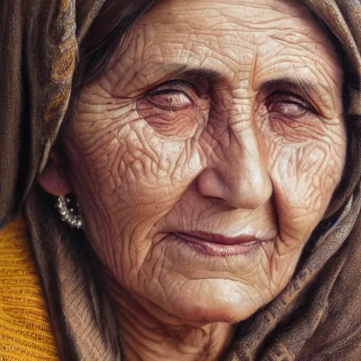 Image similar to portrait of a gentle and caring Kurdish grandmother, very detailed eyes, hyperrealistic, beautiful, very detailed painting by Glenn Fabry, trending on artstation, extremely high detail, incredibly intricate