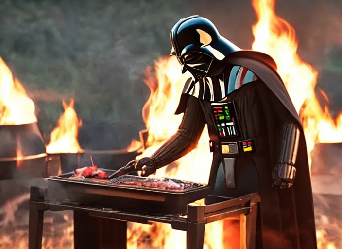 Prompt: film still of Darth Vader cooking on an outdoor grill in the new Star Wars movie, 4k