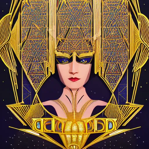 Prompt: symetrical art deco poster illustration highly detailed ornate with jewels and precious metals majestic face of the sandman close up in the bg entrance castle kingdom of dreams, space ships, futuristic, land of advanced races, giants, hollow earth, hiperrealistc, global illumination, radiant light, detailed and intricate environment. art by oleg oprisco, 8 k