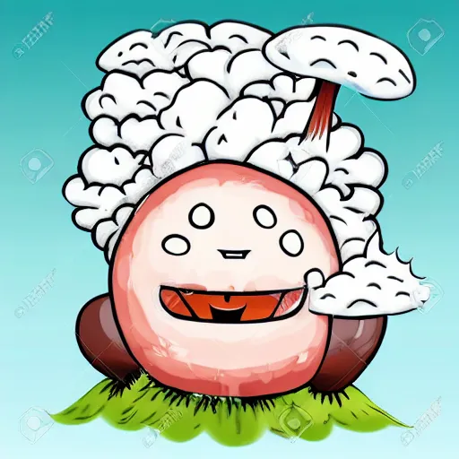 Image similar to fluffy exploding mushroom cloud as popcorn elemental spirit, in the style of a manga character, with a smiling face and flames for hair, sitting on a lotus flower, white background, simple, clean composition, symmetrical