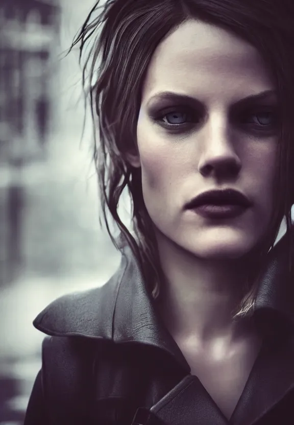 Image similar to cosmopolitan model annie leonhart posing in dunwall city, beautiful face, detailed face, realistic eyes, cinematic lighting, rainy weather, melancholy atmosphere, volumetric light, gothic architecture, realistic reflections, model agency, instagram photo, depression atmosphere, shot on sony a 7, beauty filter, postprocessing