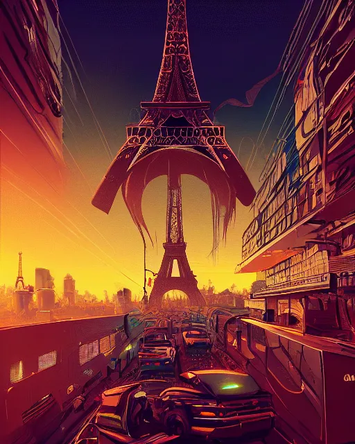 Image similar to beautiful painting of a cyberpunk paris inspired by phillipe stark, art by mike winkelmann, golden hour, illustration, highly detailed, simple, smooth and clean vector curves, no jagged lines, vector art, smooth, artstation