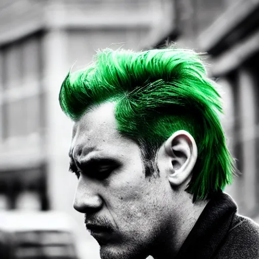 Image similar to a sad man with green hair