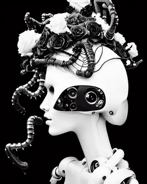 Image similar to dreamy surreal poetic black and white photo of a beautiful young bio-mechanical-female-cyborg-robot with a very long neck and a super big gothic lace collar and a very high big floral crown with many black dry roses by Vivienne Westwood:: smoke, high fashion, haute couture, rococo, avant-garde, elegant, dreamy, hyper realistic, 150 mm lens, soft rim light, octane render, unreal engine, picture was taken in 1910 by Dora Maar, volumetric lighting, dramatic light,8k,