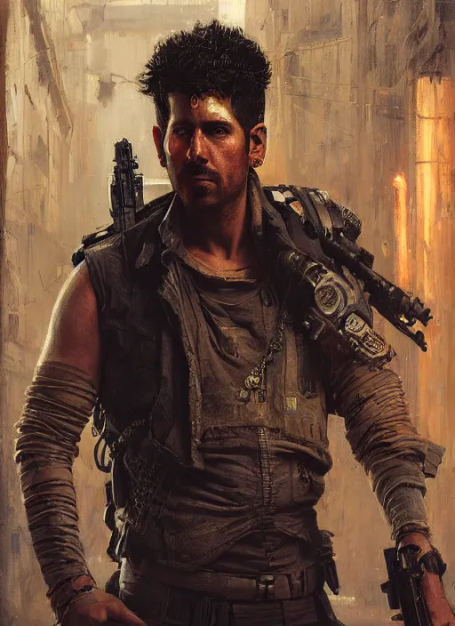 Prompt: 👳♂. cyberpunk mercenary in a military vest ( blade runner 2 0 4 9, cyberpunk 2 0 7 7 ). orientalist portrait by john william waterhouse and james gurney and theodore ralli and nasreddine dinet, oil on canvas. cinematic, hyper realism, realistic proportions, dramatic lighting, high detail 4 k