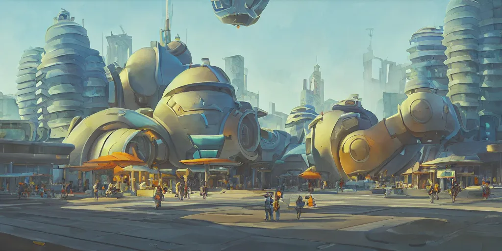 Image similar to overwatch building, stylized, exterior, architecture, in watercolor gouache detailed paintings, insanely detail, artstation, 8 k, futuristic, big medium small, arcane, simon stalenhag, food stall, interesting shapes & form, golden ratio, megastructures, vitaly bulgarov, mall, jungle, environment, nature