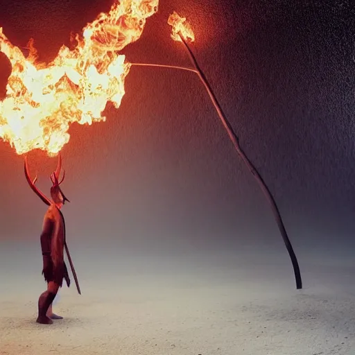 Prompt: full body shot of hanging man with long beard and antlers, his head on fire, full face occult mask, bright multiple glowing eyes, holding a large carved wooden dark fractal antler stick, thick smoke around him, in the burning earth desert, cinematic shot, wide angle, dark desert background, volumetric lighting by denis villeneuve, lubezki, gaspar noe