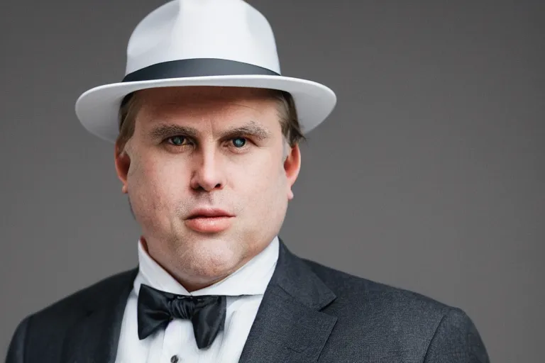 Prompt: cinematic still of portly clean-shaven white man wearing suit and necktie and boater hat, XF IQ4, f/1.4, ISO 200, 1/160s, 8K, RAW, dramatic lighting, symmetrical balance, in-frame