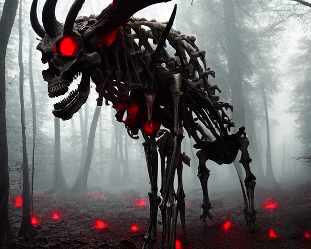 Image similar to 5 5 mm portrait photo of an armored demonic human skeleton with horns and red eyes, in a magical forest. dark atmosphere. art by greg rutkowski. highly detailed 8 k. intricate. lifelike. soft light. nikon d 8 5 0.