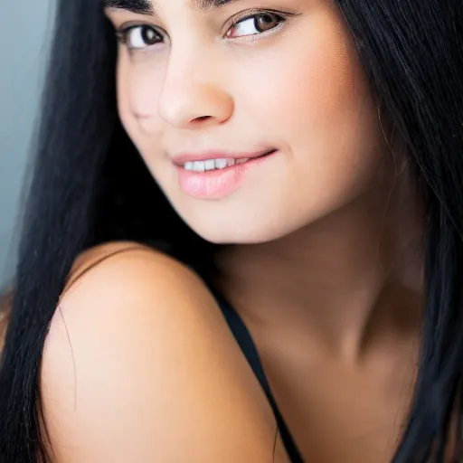 Image similar to young woman with long messy black hair, slightly smiling, 1 3 5 mm nikon portrait