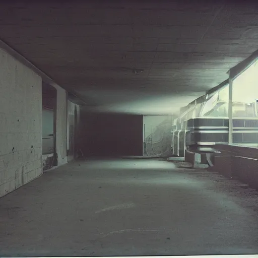 Prompt: indistinct 1975 hatchback, inside of an badly lit 1970s parking garage, ektachrome photograph, volumetric lighting, f8 aperture, cinematic Eastman 5384 film