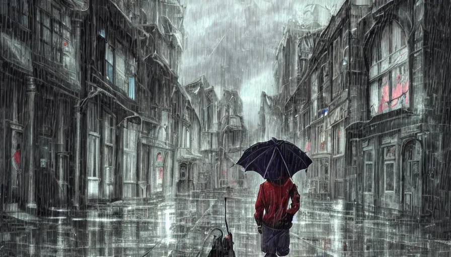 Prompt: detailed anime art. hooded boy holding an umbrella, walking through a ( rainy ) street. ( ruined ) buildings in the background. ( cinematic detailing ) ( anime art )