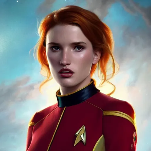 Image similar to ultra realistic illustration, bella thorne as captain wearing star trek red uniform, intricate, elegant, highly detailed, digital painting, artstation, concept art, smooth, sharp focus, illustration, art by artgerm and greg rutkowski and alphonse mucha