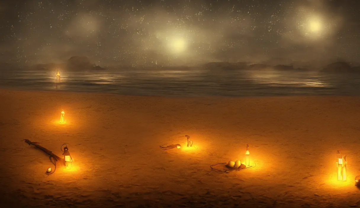 Image similar to beach at night, stars, torches, fireflies, bioluminescence, fire, fog, insane details, intricate, elite, ornate, elegant trend, highly detailed and intricate, sharp focus, photography, unreal engine, trending on artstation, photorealistic, octane, hyper detailed, trending on deviantart,