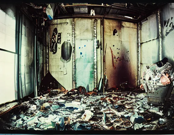 Image similar to kodak portra 4 0 0, wetplate, 8 k, shot of a highly detailed helium medium size room with figure film still 1 9 9 2 industrial chaos terror