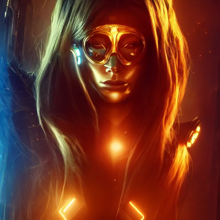 Prompt: beautiful cinematic poster, female cyberpunk cyborg, a gold circuit mask, brilliant blue flowing hair, beautiful glowing eyes, wideshot ultrawide angle epic scale, hybrid from the elden ring and art direction by darius zawadzki, wayne reynolds artstation ; cinematic quality character render ; low angle ; ultra high quality model, quality cinema model