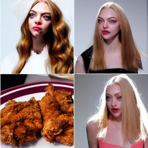 Image similar to a face looking like fried chicken, fried chicken model looking like amanda seyfried