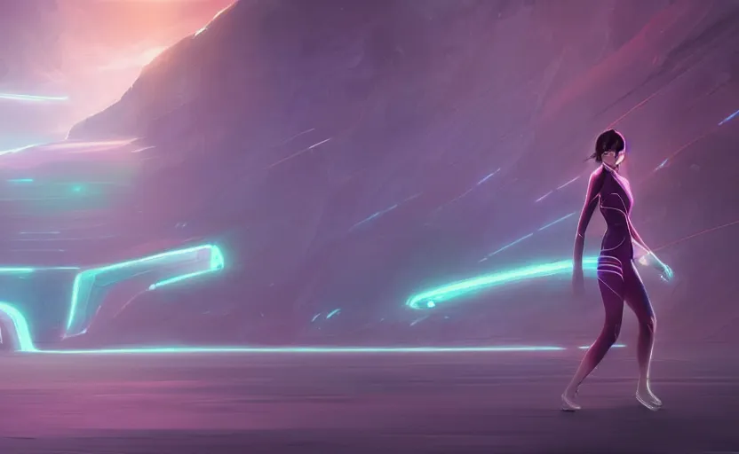 Prompt: beautiful young Himalayan woman, walking empty narrow hall of a spaceship, lonely, iridescent body suit with glowing stripes, by Makoto Shinkai and Wojtek Fus, by studio trigger, rossdraws, ambient occlusion, clean lineart and color, vibrant