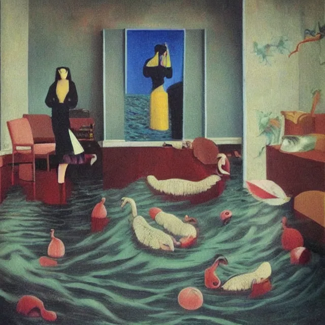 Image similar to tall female emo artists in their flooded apartment, painting of flood waters inside an artist's home, a river flooding indoors, pomegranates, pigs, ikebana, zen, water, octopus, river, rapids, waterfall, black swans, canoe, berries, acrylic on canvas, surrealist, by magritte and monet