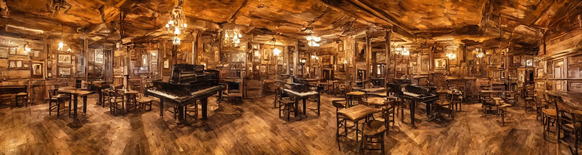 Prompt: Empty Old West Saloon at the break of day with a Grand Piano and Staircase, in the style of Studio Ghibli