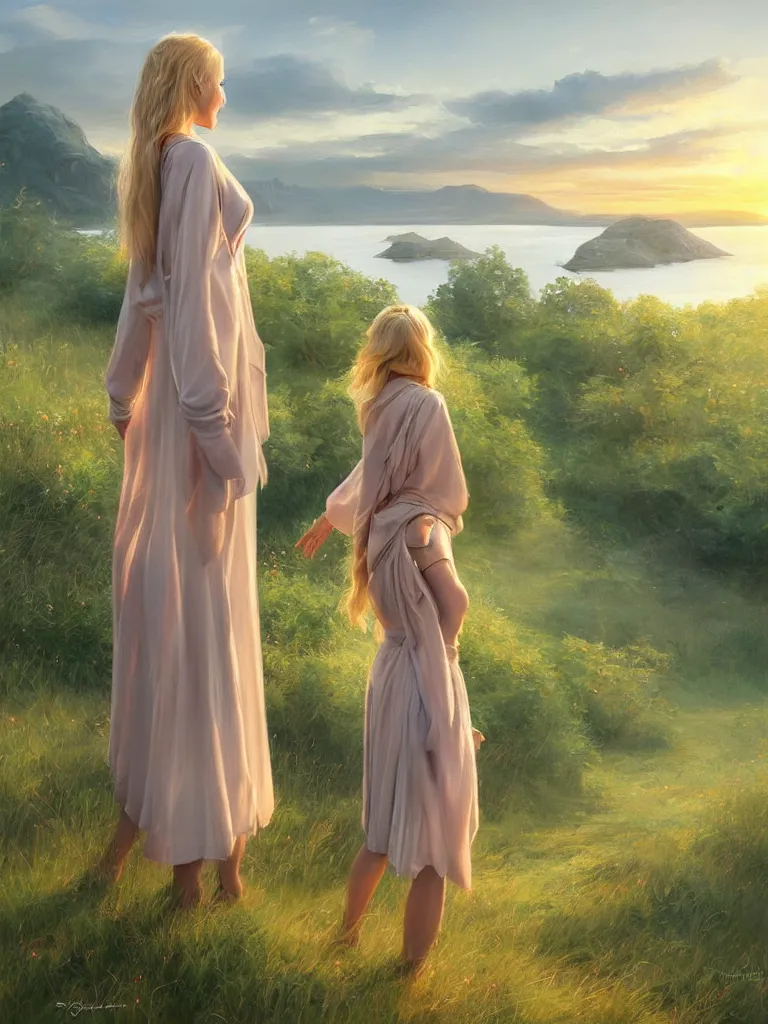 Prompt: blonde female jedi, Swedish countryside, landscape view, archipelago, freedom, dawn, sunrise, beautiful, by Vladimir Volegov, wlop, artstation