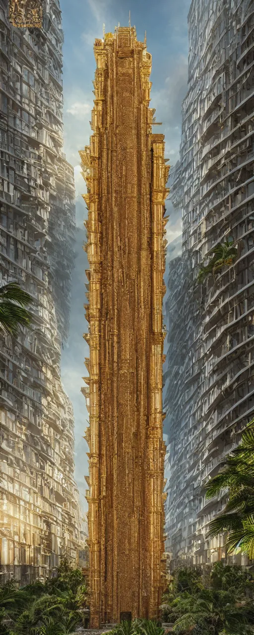 Prompt: photorealistic photo a contemporary babylon tower, golden intricate details, stone facade, sacred ancient architecture, cascading highrise, arid mountains with lush palm forest, sunlight, post - production, octane, cgi, sfx