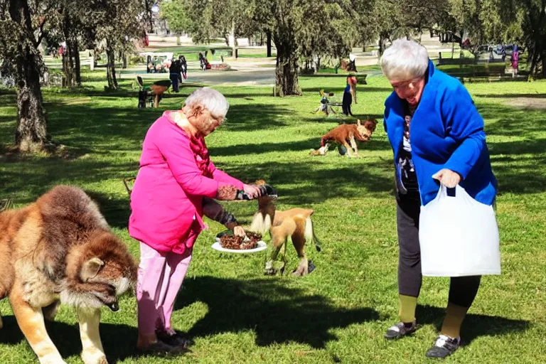 Prompt: old lady feeds furries in the park