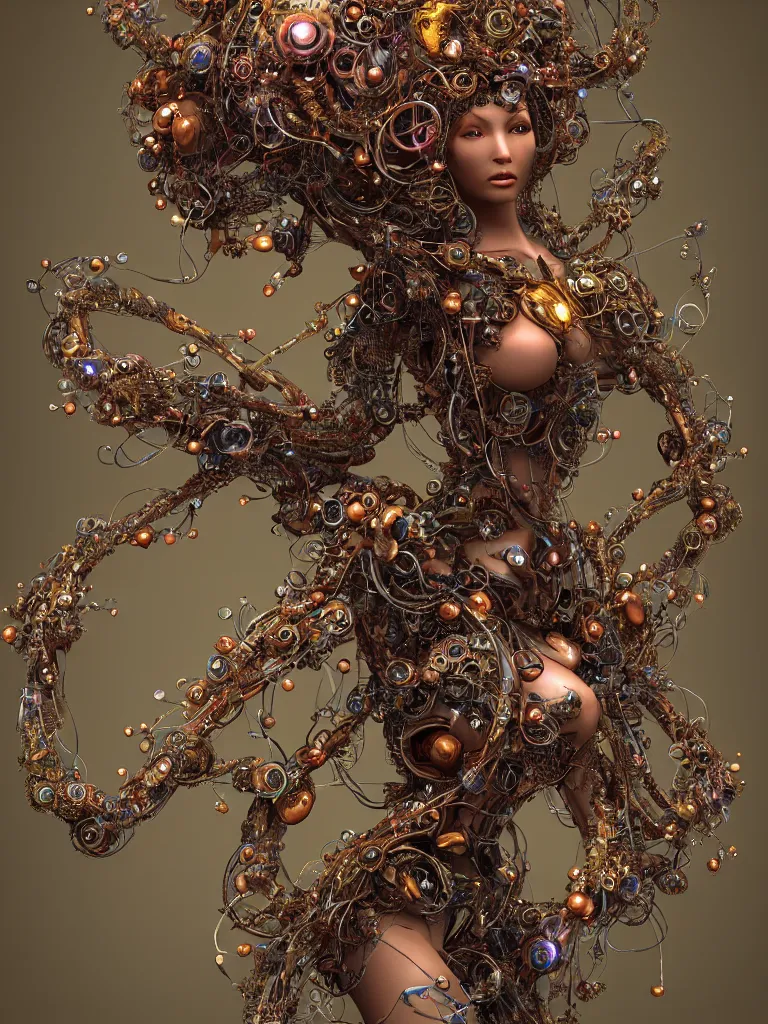 Prompt: a centered beautiful goddesses is surounded by intertwining bio - mech tendrils made of machine and robot parts and gemstones and leaves and feathers, full body, gorgeous face, perfect face, powerful, by justin gerard and james jean, 3 d, cinema 4 d render, trending on artstation, octane render, 8 k