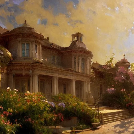Image similar to detailed cinematic wide shot of sucession modern mansion design spring light, painting by gaston bussiere, craig mullins, j. c. leyendecker