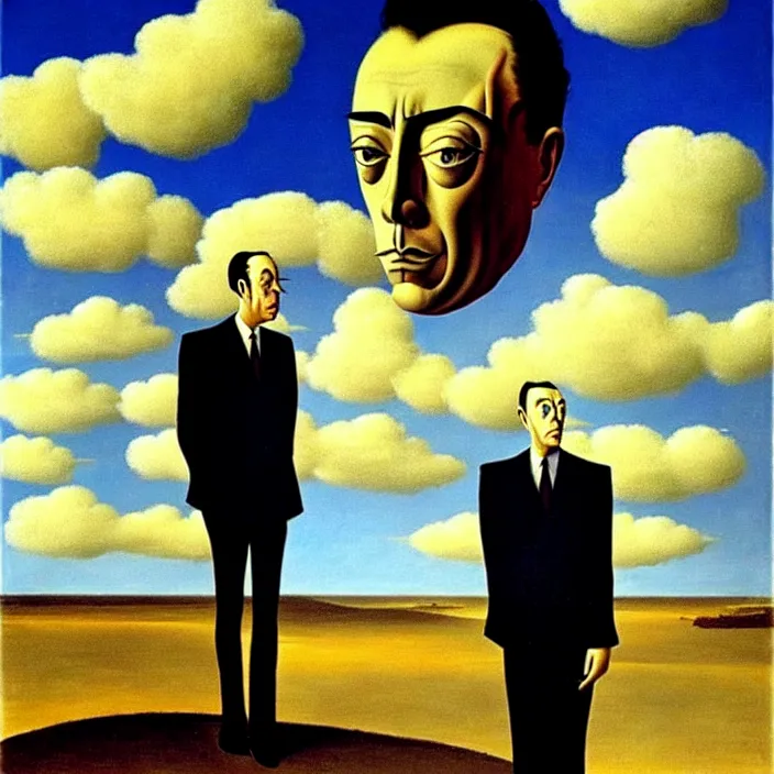 Prompt: camus pondering about the absurdity of existence, by salvador dali and rene magritte, oil on canvas, dramatic lighting