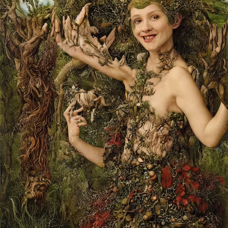 Prompt: a grinning druid dryad with goat pupils transforming herself into a mad beast. her skin is covered in scales and feathers. landscape with mountains, river and night sky. painted by jan van eyck, max ernst and ernst haeckel, trending on artstation, 8 k, award winning, hard lighting, fashion editorial, mythology